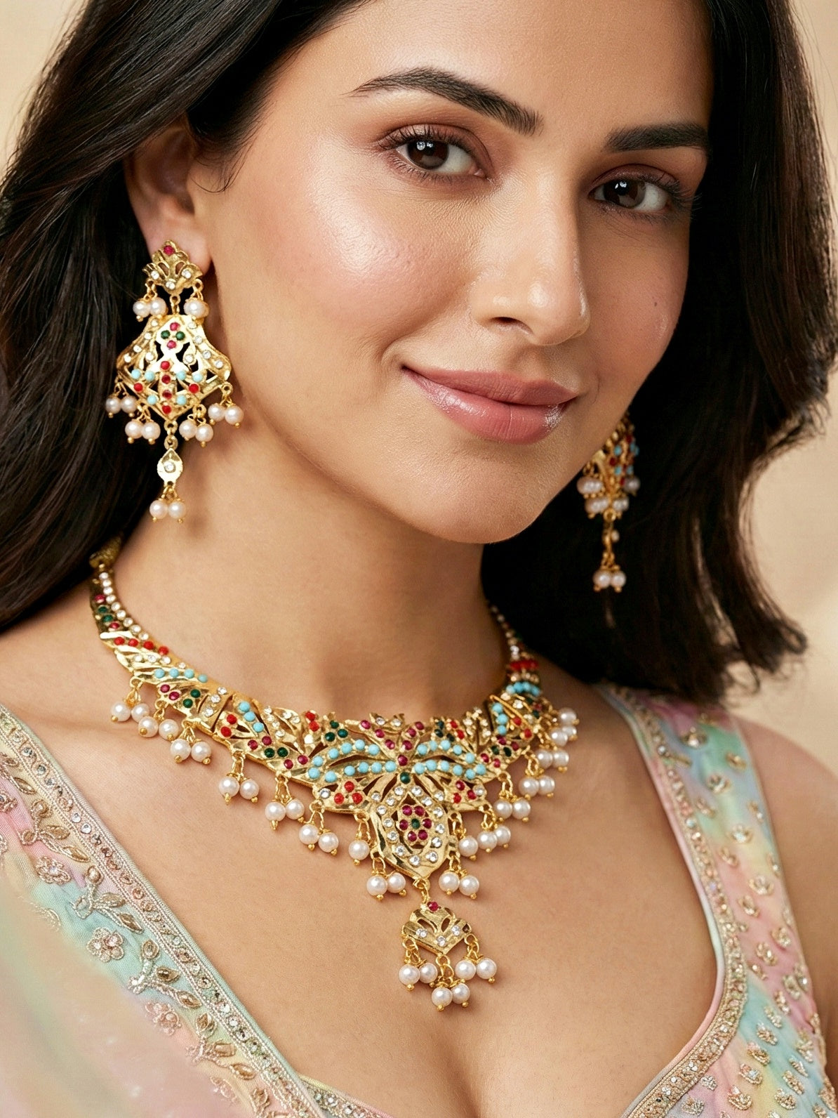 Gold Plated Navratan Necklace Set with Earrings | Multicolor Stone & Pearl Drops Traditional Bridal Jewellery for Women (924-CSN-C575-MT)