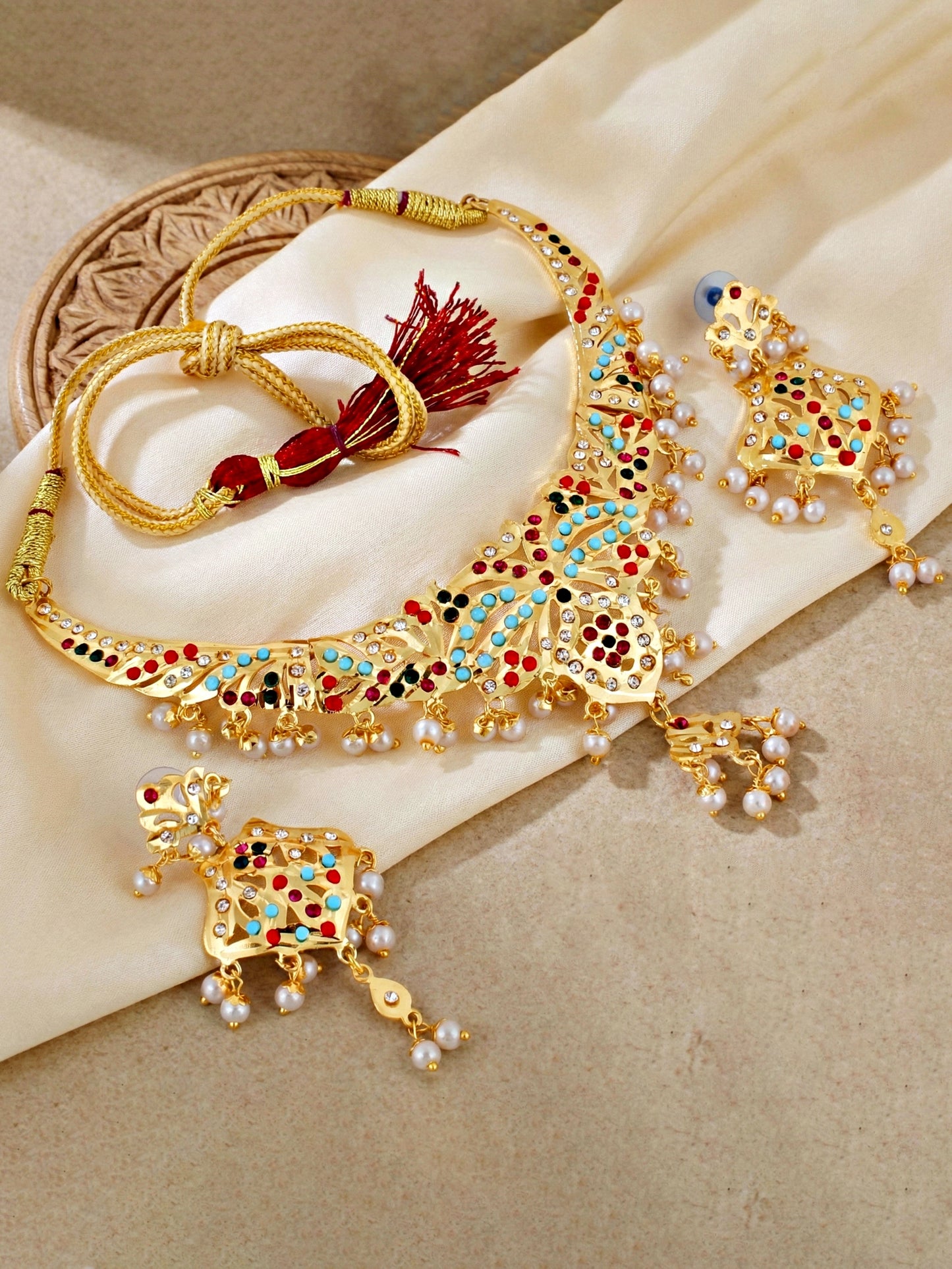 Gold Plated Navratan Necklace Set with Earrings | Multicolor Stone & Pearl Drops Traditional Bridal Jewellery for Women (924-CSN-C575-MT)