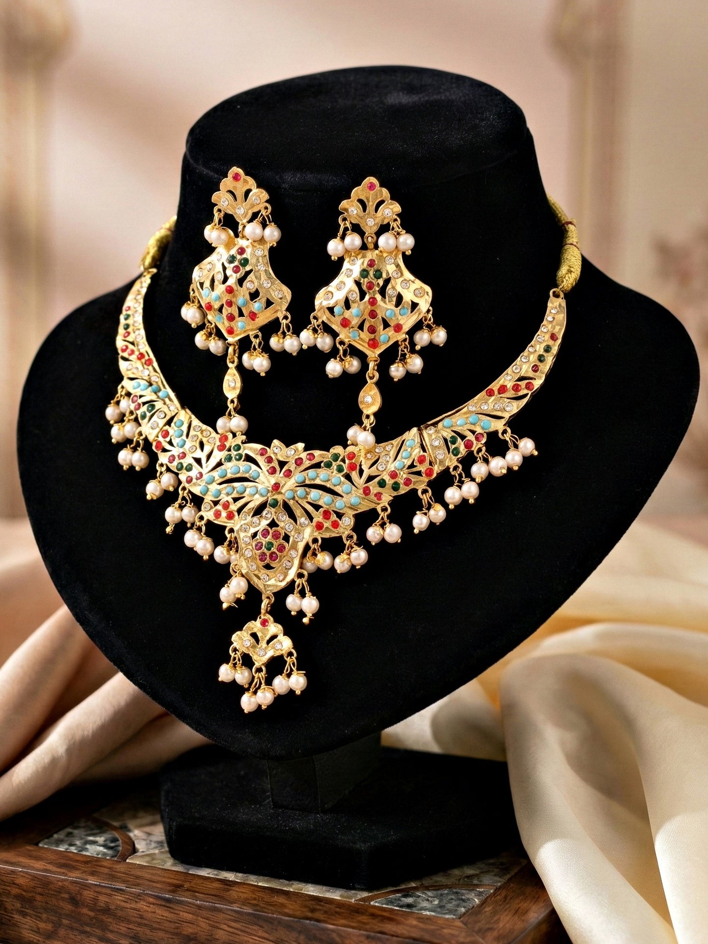 Gold Plated Navratan Necklace Set with Earrings | Multicolor Stone & Pearl Drops Traditional Bridal Jewellery for Women (924-CSN-C575-MT)