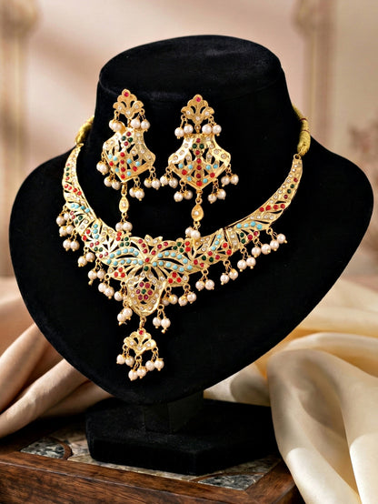 Gold Plated Navratan Necklace Set with Earrings | Multicolor Stone & Pearl Drops Traditional Bridal Jewellery for Women (924-CSN-C575-MT)