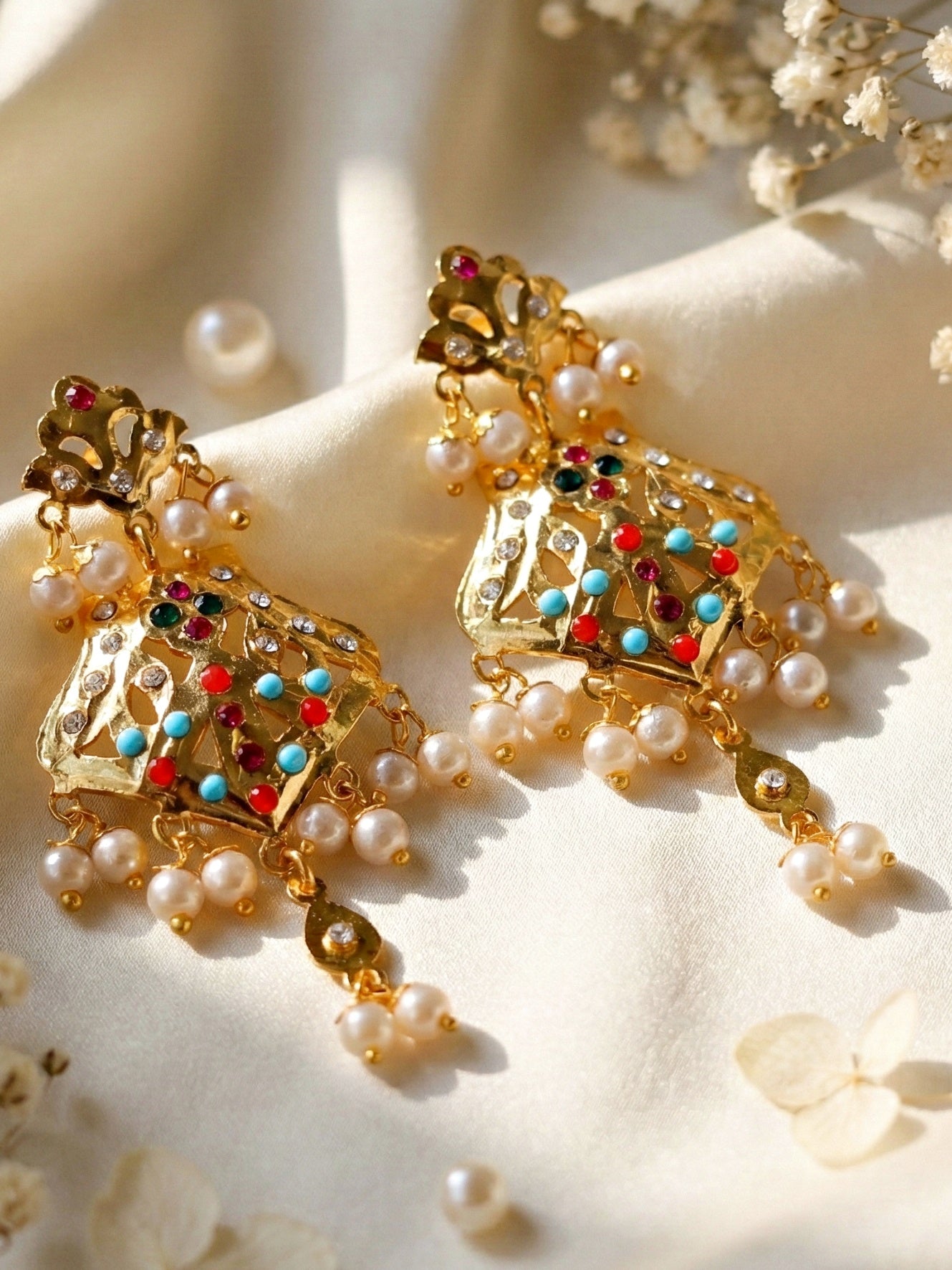 Gold Plated Navratan Necklace Set with Earrings | Multicolor Stone & Pearl Drops Traditional Bridal Jewellery for Women (924-CSN-C575-MT)