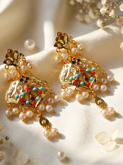 Gold Plated Navratan Necklace Set with Earrings | Multicolor Stone & Pearl Drops Traditional Bridal Jewellery for Women (924-CSN-C575-MT)