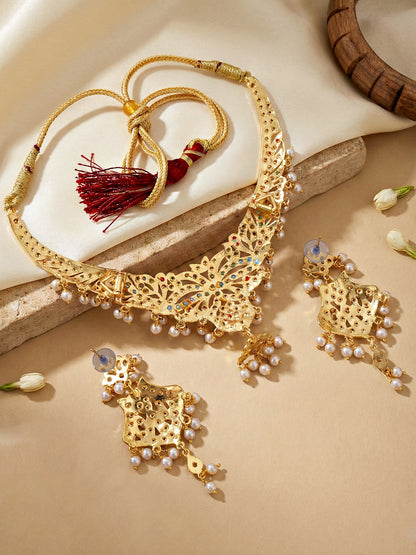Gold Plated Navratan Necklace Set with Earrings | Multicolor Stone & Pearl Drops Traditional Bridal Jewellery for Women (924-CSN-C575-MT)
