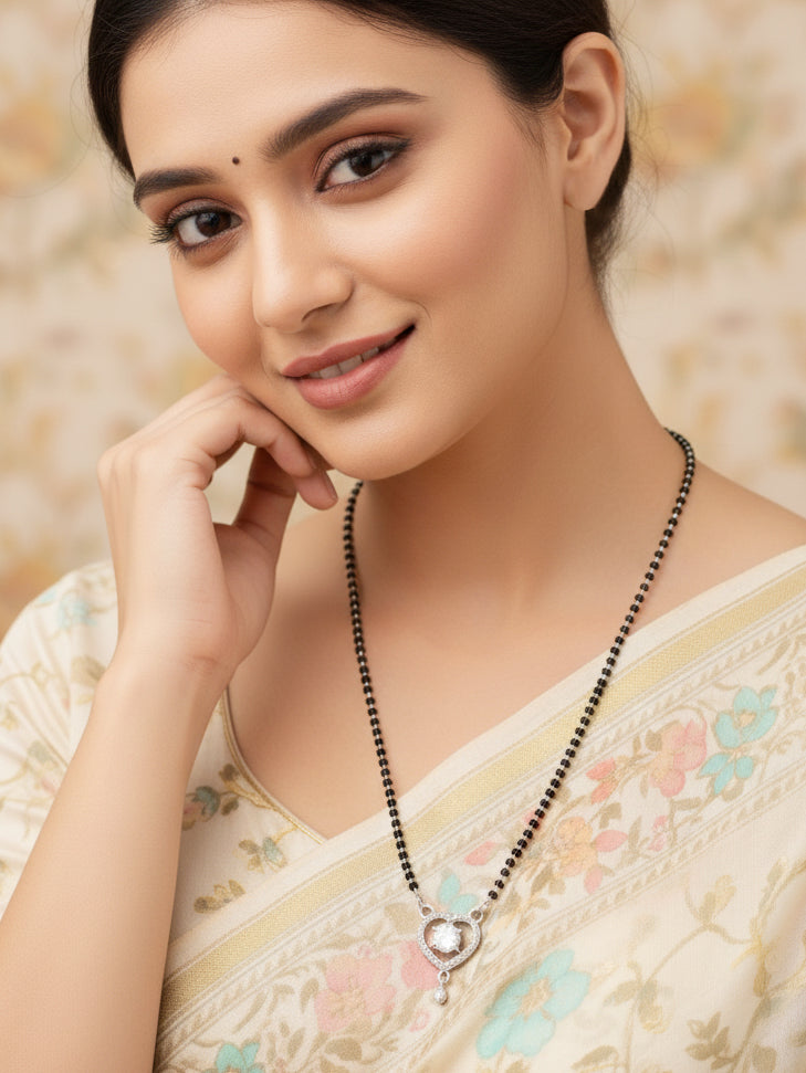 Silver Plated AD Stone Mangalsutra with Black Beads for Women