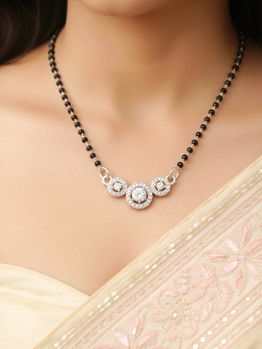 Silver Plated AD Stone Mangalsutra with Black Beads for Women