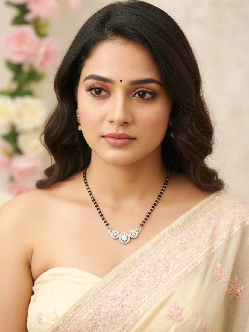 Silver Plated AD Stone Mangalsutra with Black Beads for Women