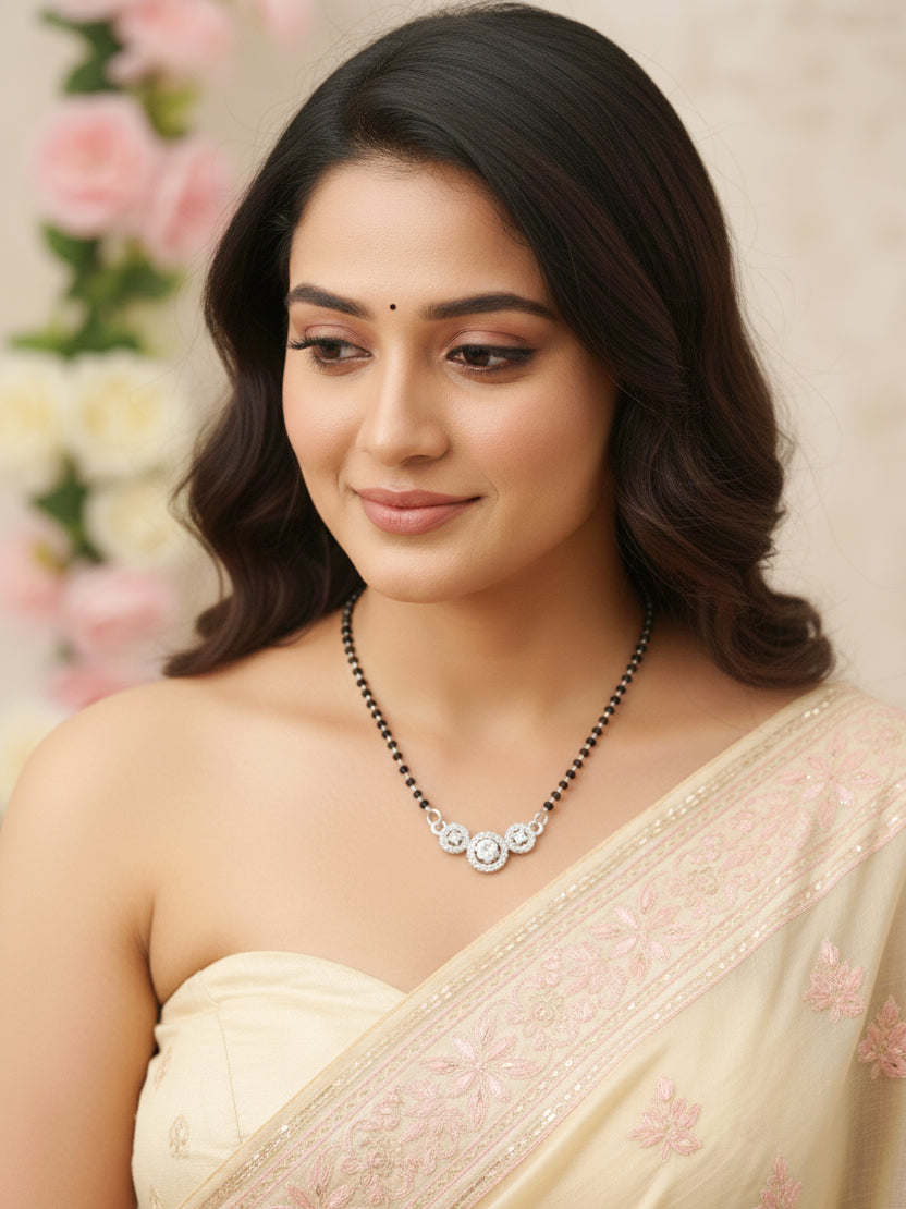 Silver Plated AD Stone Mangalsutra with Black Beads for Women