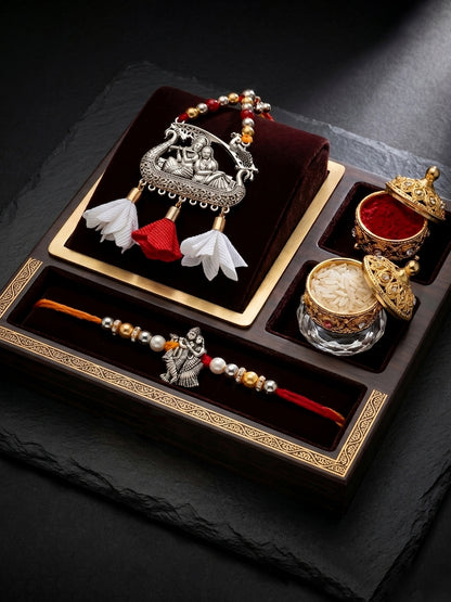 Set of 2 Bhaiya Bhabhi Rakhi Set with Radha Krishna Pendant, Maroon & White Tassels, Roli Chawal (182-JPCR1-1990-S-2-2026)