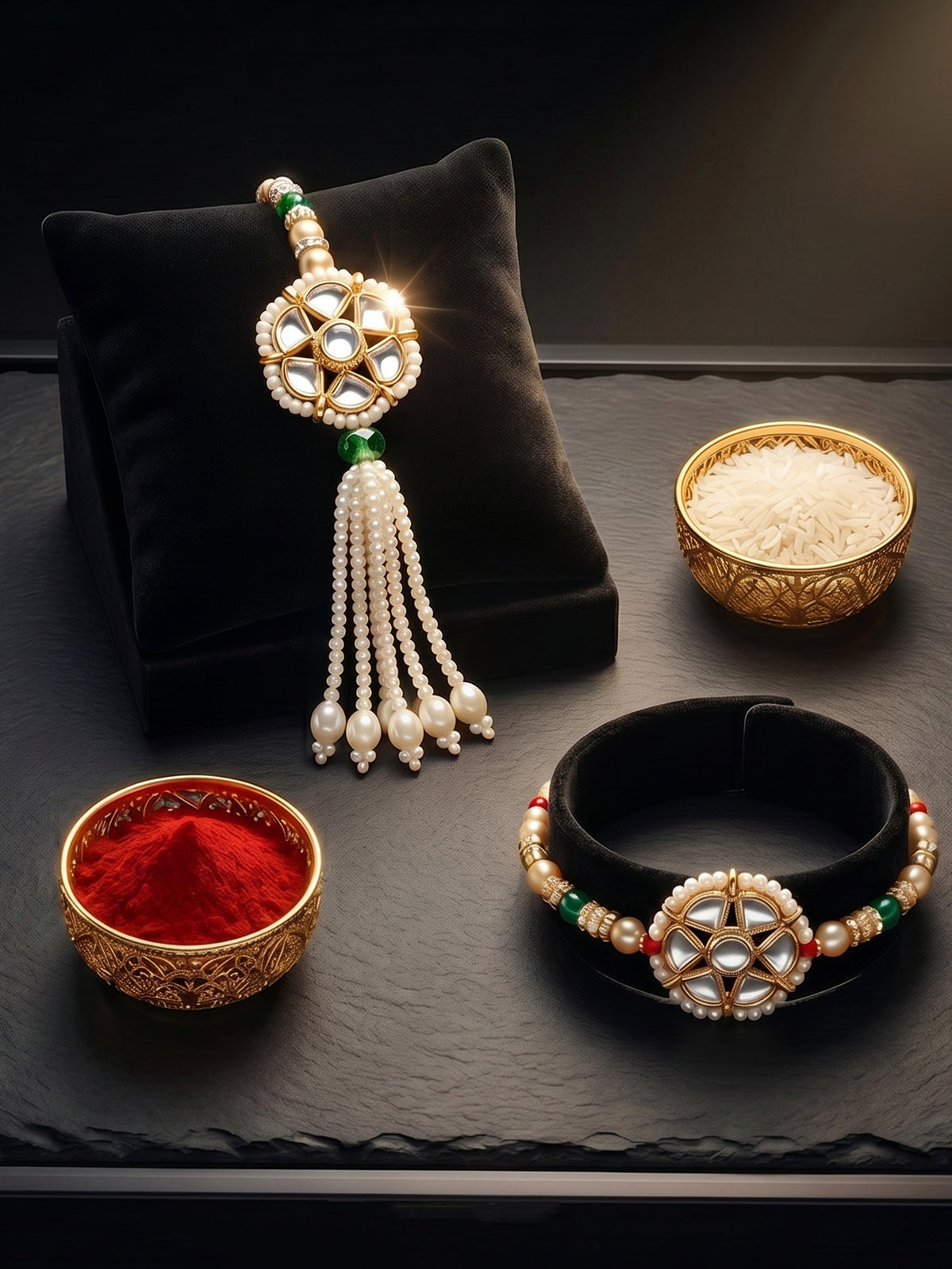 Set of 2 Bhaiya Bhabhi Rakhi Set with Floral Kundan, Green & White Beads, Tassel Lumba, Roli Chawal (118-JPCR1-1850-2-2026)