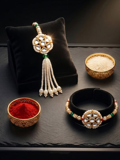 Set of 2 Bhaiya Bhabhi Rakhi Set with Floral Kundan, Green & White Beads, Tassel Lumba, Roli Chawal (118-JPCR1-1850-2-2026)