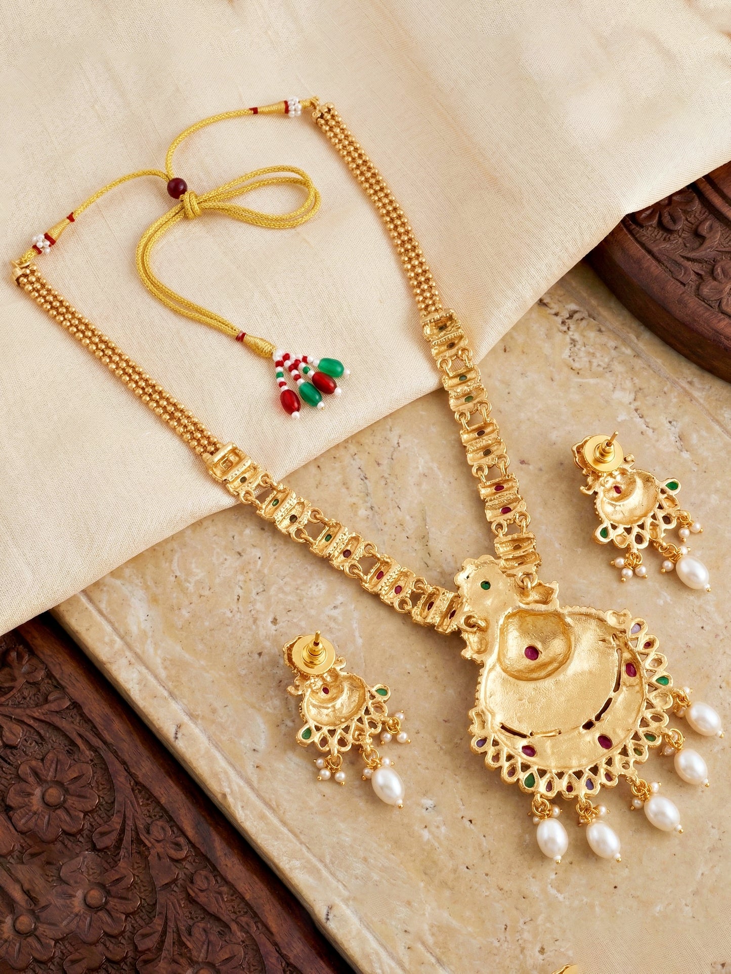 Lucky Jewellery Gold-Plated Ruby & Green Color Long Necklace Set (660-G2SR-203-RG)