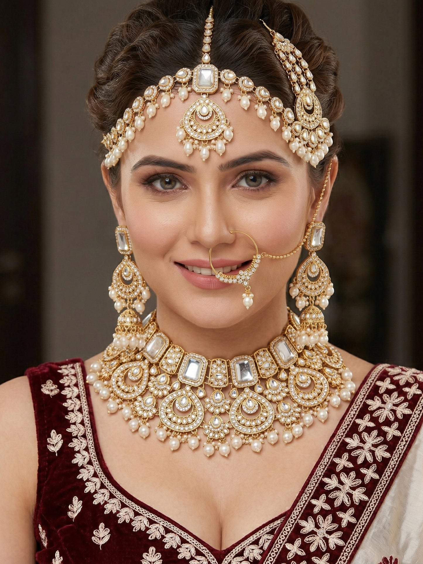 Bridal AD White Pearl Heavy Choker Jewellery Set with Sheesh Patti, Nath & Jhumka (3300-M8ZK-1106-W)