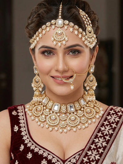 Bridal AD White Pearl Heavy Choker Jewellery Set with Sheesh Patti, Nath & Jhumka (3300-M8ZK-1106-W)