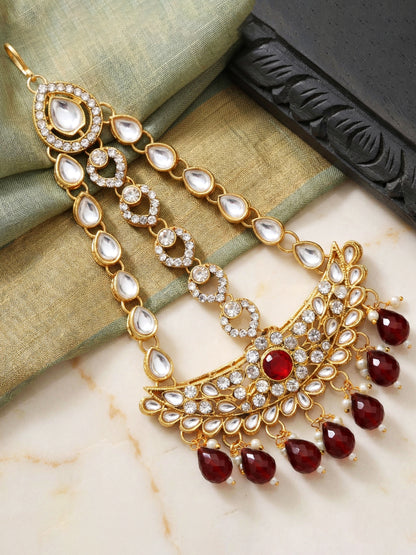 Bridal AD Maroon Stone Heavy Choker Jewellery Set with Sheesh Patti, Nath & Jhumka (3300-M8ZK-1102-M)