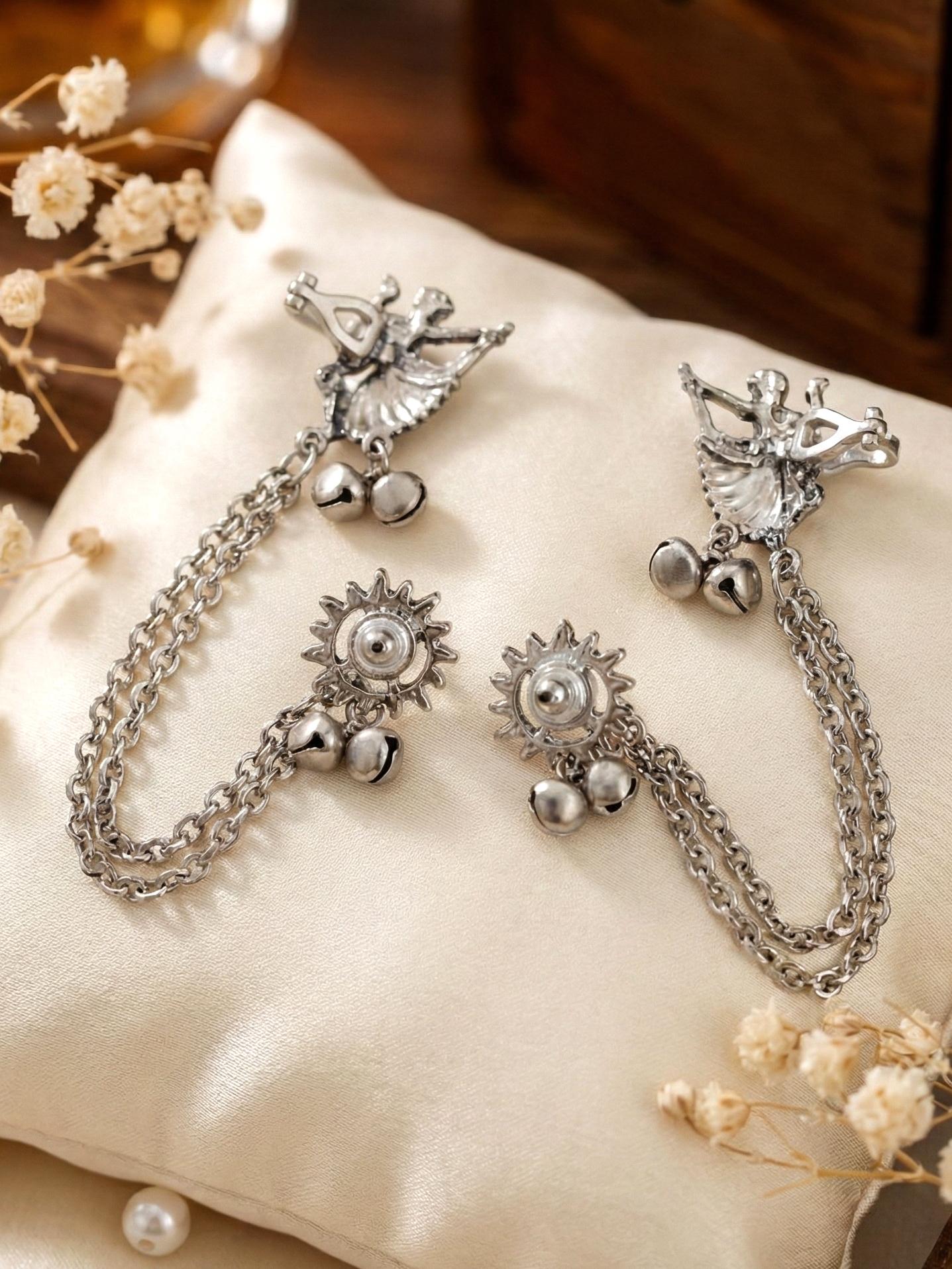 Oxidised Silver Tribal Dancer Ear Cuff with Ghungroo Chain Earrings For Girls & Women (258-KK2O-10672)