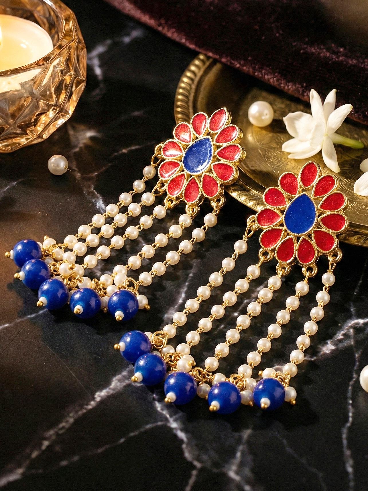 Gold-Plated Magenta Enamel Floral Earrings with Moti Layers &  Blue Beads Earring For Girls & Women (354-KEO-13113-RB)