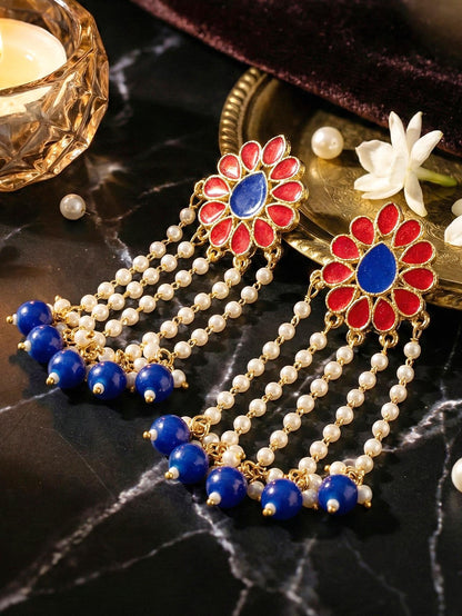 Gold-Plated Magenta Enamel Floral Earrings with Moti Layers &  Blue Beads Earring For Girls & Women (354-KEO-13113-RB)