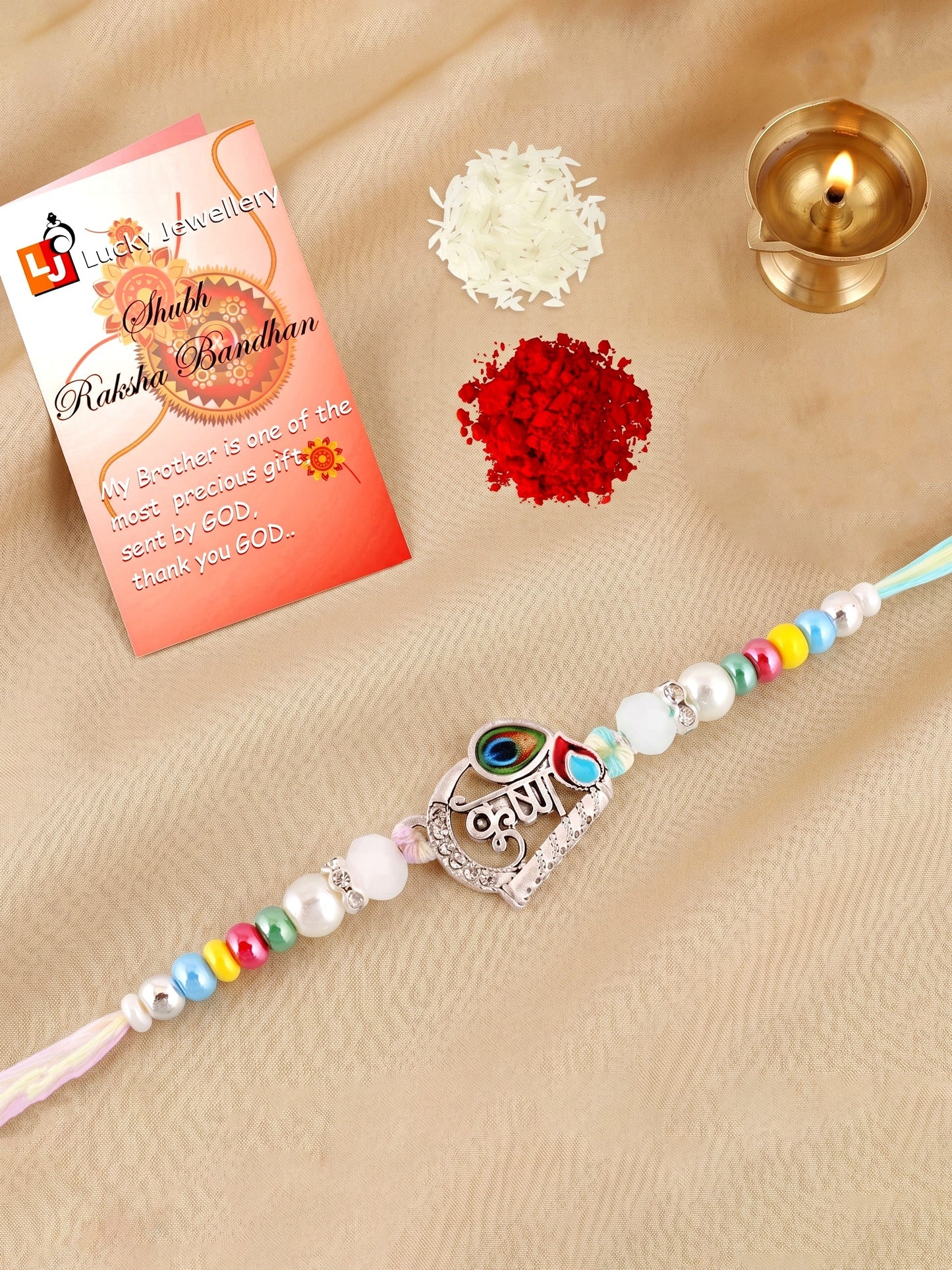 Spiritual Silver Krishna Bansuri Beaded Rakhi For Brother With Roli Chawal & Card (102-S5R1-AR2728)