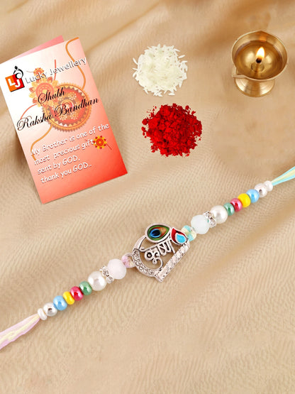 Spiritual Silver Krishna Bansuri Beaded Rakhi For Brother With Roli Chawal & Card (102-S5R1-AR2728)