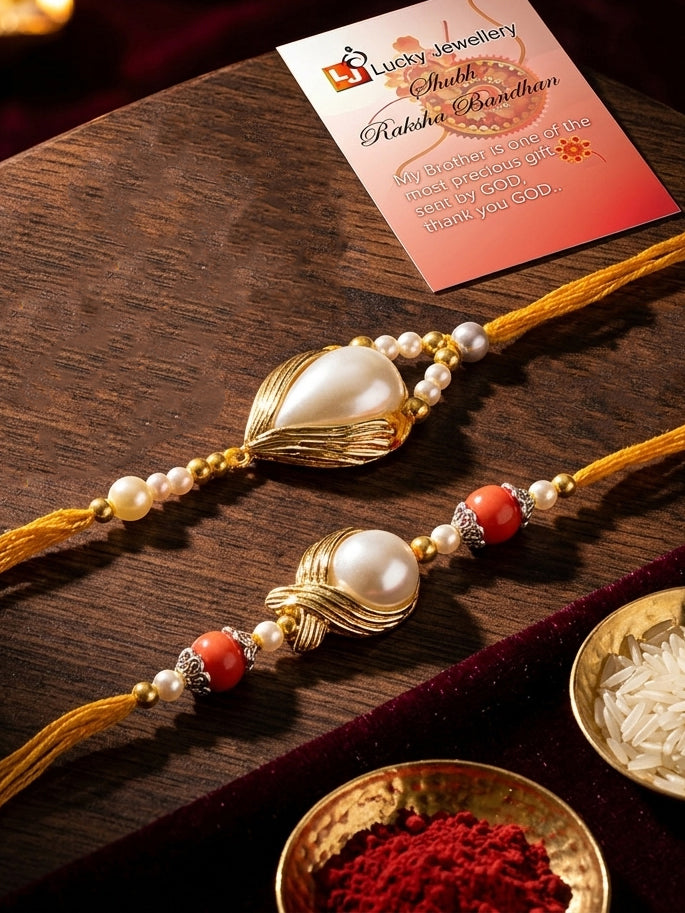 Set of 2 Designer Rakhi for Brother, White Stone Centerpieces with Golden Beads, Roli, Chawal (275-CHR1-1137-2-2026)