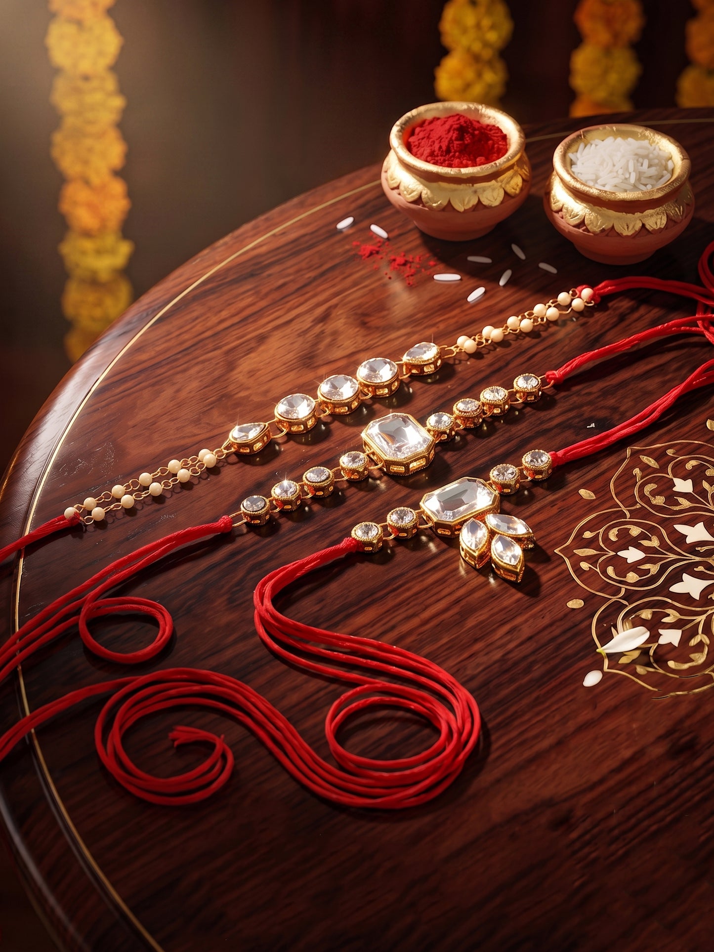 LUCKY JEWELLERY Traditional Rakhi for Brother/Bhaiya – Gold Plated Red Thread Rakshabandhan Rakhie White Stones for Bhai/Bhabhi (Pack of 3) – Fancy Rakhee Bracelet Rakshasutra (159-L1R1-01-W-3-2026)