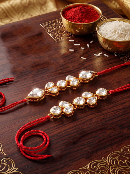LUCKY JEWELLERY Traditional Rakhi for Brother/Bhaiya – Gold Plated Red Thread Rakshabandhan Rakhie White Stones for Bhai/Bhabhi (Pack of 2) – Fancy Rakhee Bracelet Rakshasutra (159-L1R1-07-W-2-2026)