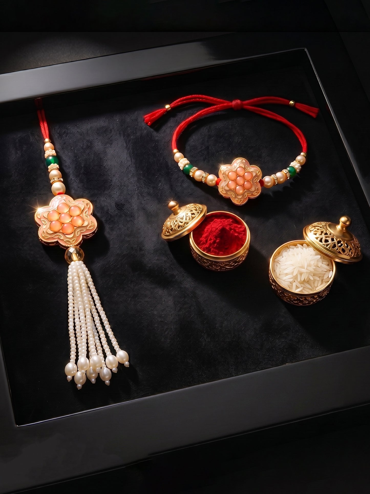 Set of 2 Bhaiya Bhabhi Rakhi Set with Floral Peach Pendant, Green & Gold Beads, Tassel Lumba (130-JPCR1-1857-PH-2-2026)