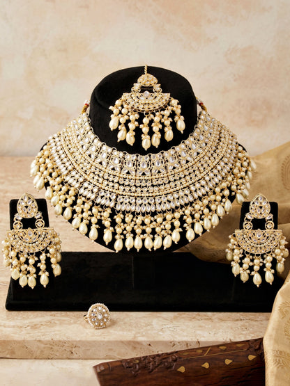 Gold Plated Kundan & Pearl White Stone Bridal Choker Jewellery Set with Maang Tikka (1683-ISK-855-W)