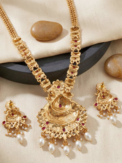 Lucky Jewellery Gold-Plated Ruby Color Long Necklace Set (660-G2SR-203-R)