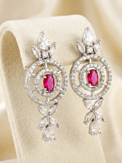 Silver-Tone Ruby Red Stone & American Diamond Necklace Set with Earrings for Women – Office, Party & Function Wear (1717-K4SA-2242-R-S)