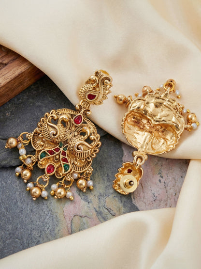Antique Gold Plated South Indian Temple Jewelry Layered Set | Goddess Lakshmi Choker & Long Necklace with Matching Earrings for Women (3317-ISR-2184-RG)