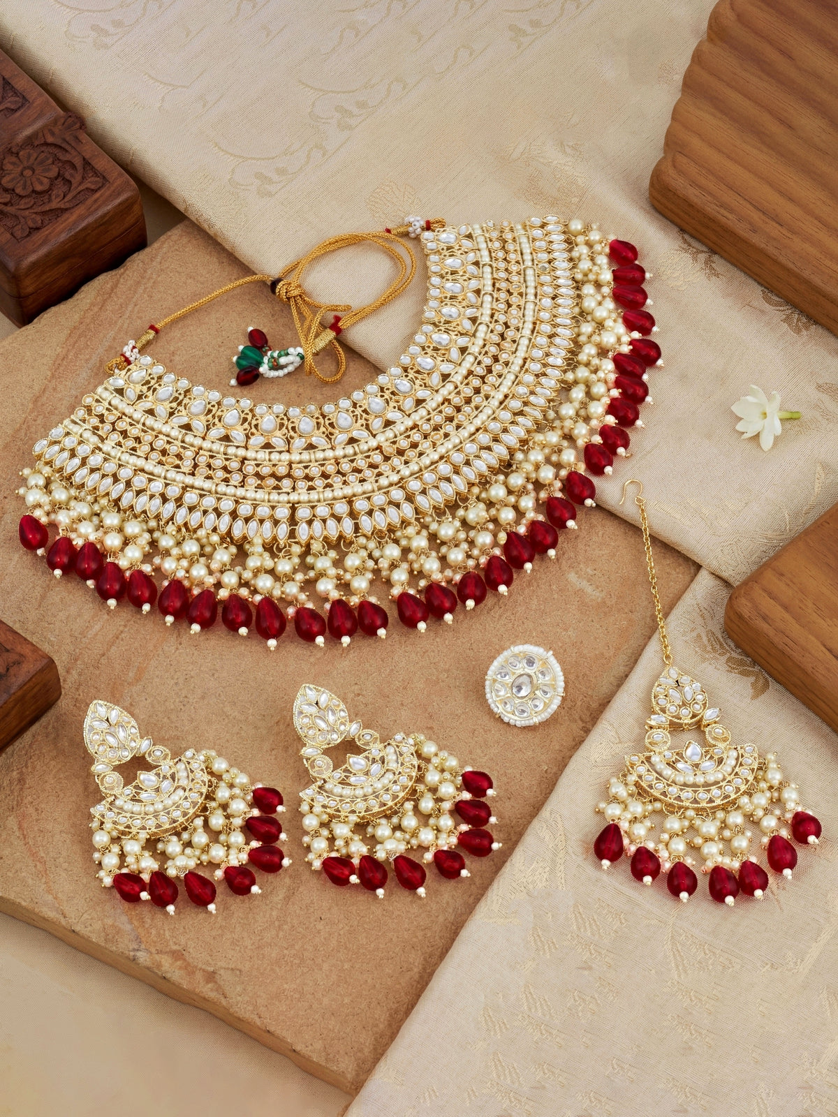 Gold Plated Kundan & Pearl Maroon Stone Bridal Choker Jewellery Set with Maang Tikka (1683-ISK-855-M)