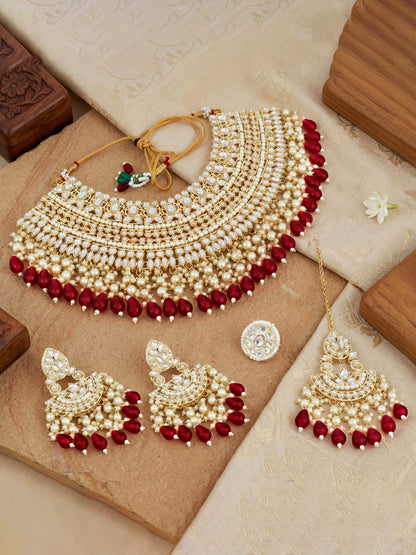 Gold Plated Kundan & Pearl Maroon Stone Bridal Choker Jewellery Set with Maang Tikka (1683-ISK-855-M)