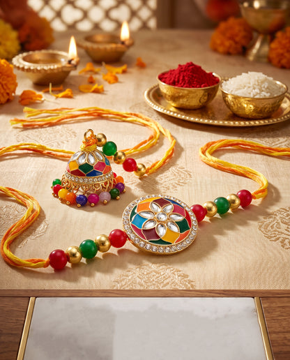 Set of 2 Multicolor Meenakari Bhaiya Bhabhi Rakhi Set With Lumba, Roli, Chawal & Card (325-CHCR1-1152-MT-2-2026)