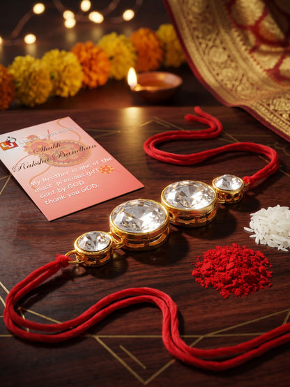 LUCKY JEWELLERY Traditional Rakhi for Brother/Bhaiya – Gold Plated Red Thread Rakshabandhan Rakhie in White Stones for Bhai/Bhabhi (Pack of 2) – Fancy Rakhee Rakshasutra (152-L1R1-06-10-W-2-2026)