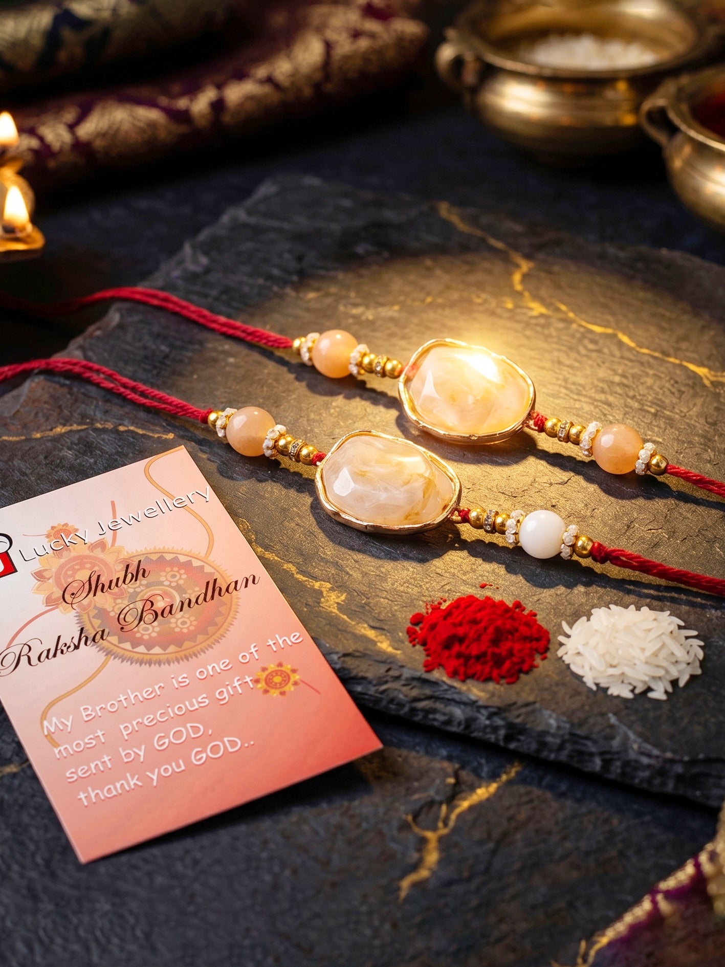 Designer Rakhi Set of 2 for Brothers. Elegant Faux Stone Centerpiece with Beads, Roli, Chawal (240-CHR1-1244-2-2026)