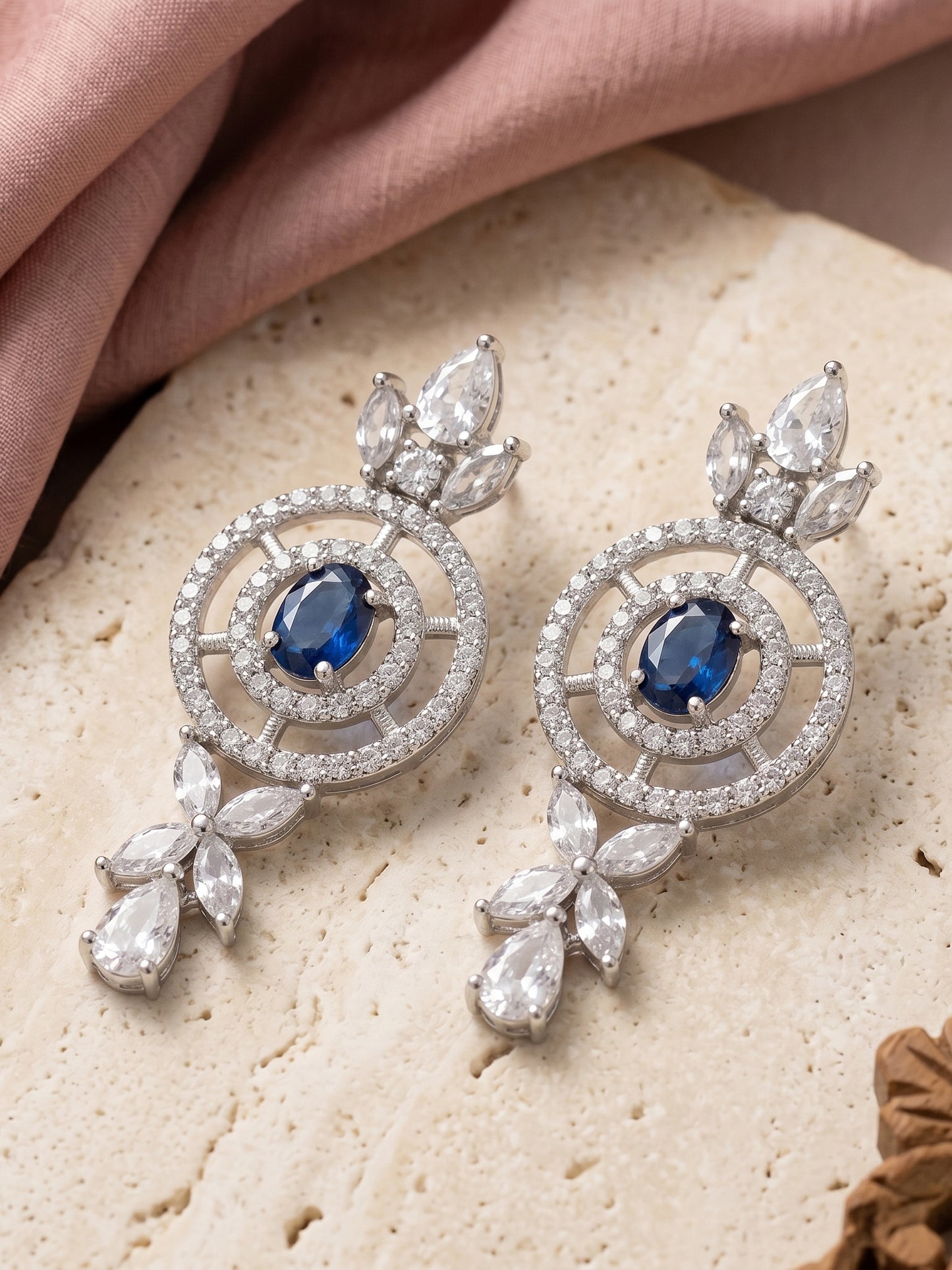 Silver-Tone Blue Stone & American Diamond Necklace Set with Earrings for Women – Office, Party & Function Wear (1717-K4SA-2242-B-S)