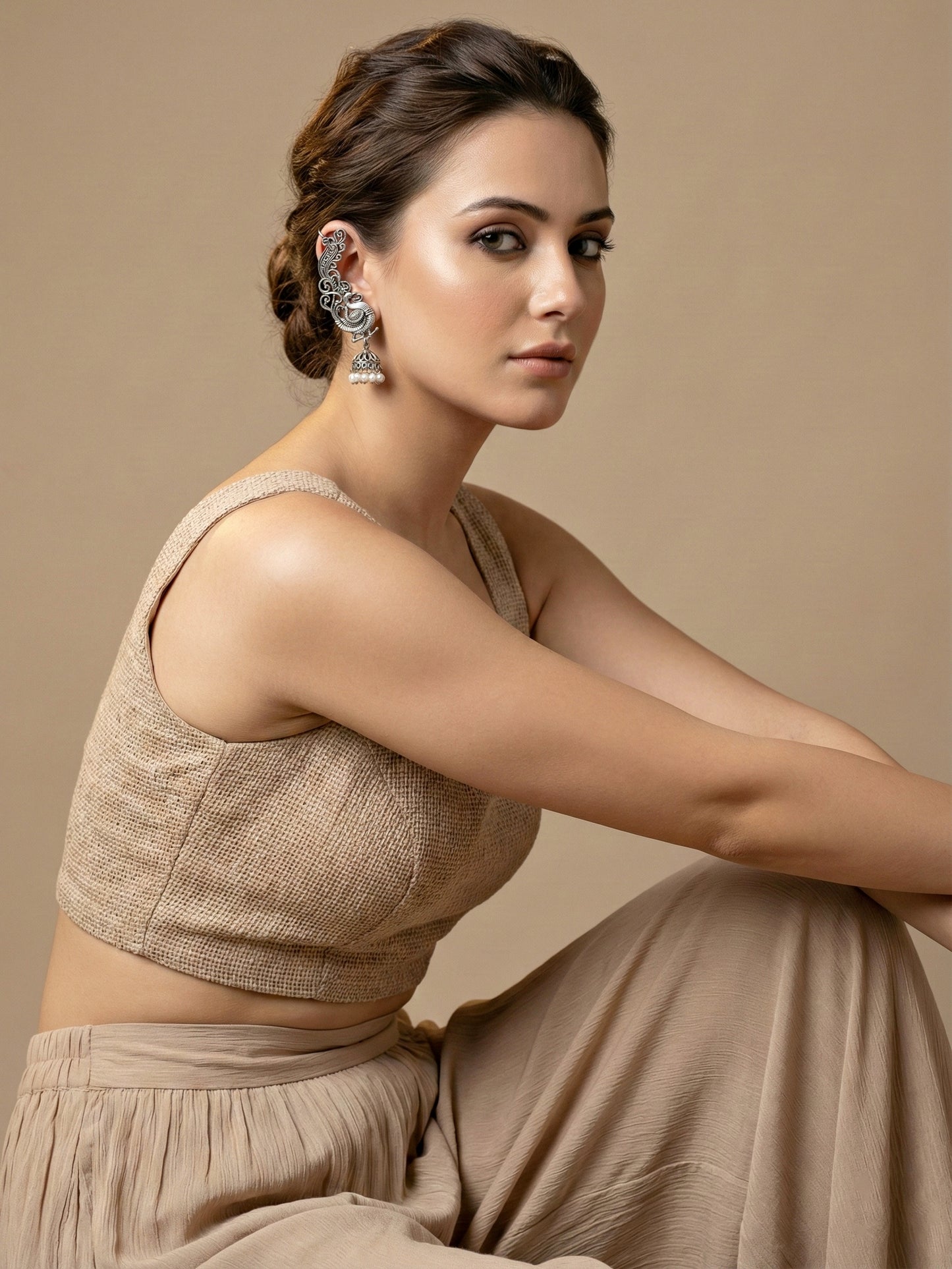 Oxidised Silver Peacock Design Ear Cuff Jhumka  White beads Earring For Girls & Women (159-KK2O-8158)