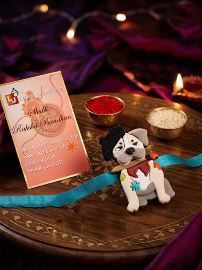 Kids Rakhi for Little Brother, Cute Cartoon Dog Acrylic Charm on Soft Blue Ribbon, Roli, Chawal (425-CHR1-1194-1-2026)
