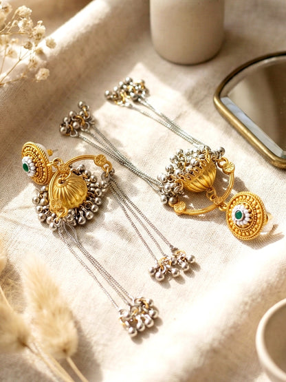 LUCKY JEWELLERY Trendy Celebrity Inspired Oxidised Silver Pink Stone Long Dangler Earrings For Girls & Women | Antique Silver Jhumkee Earing Set | Birthday Gift Earrings Valentine Anniversary Gift