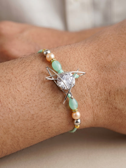 Set of 2 Rakhi with Silver Geometric AD Pendant, Pastel Beads, Roli Chawal & Card (225-CHR1-1004C-S-2-2026)