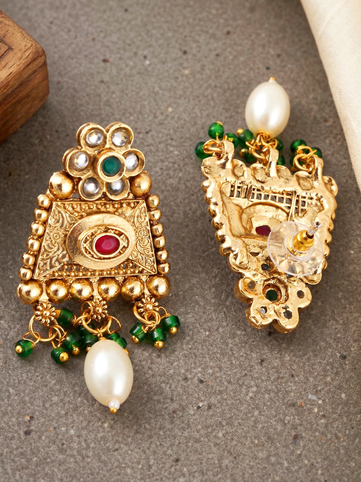 Lucky Jewellery Gold-Plated Ruby & Green Color Long Necklace Set (816-G2SR-207-RG)