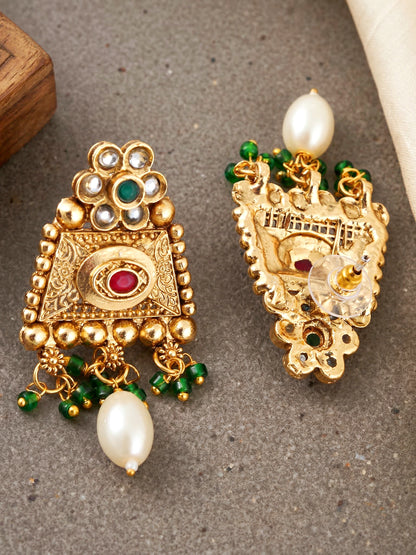 Lucky Jewellery Gold-Plated Ruby & Green Color Long Necklace Set (816-G2SR-207-RG)
