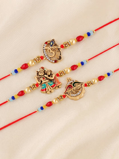 Set of 5 Traditional Divine Rakhis for Bhai | Beaded Radha Krishna & Khatu Shyam Threads | Raksha Bandhan Gift Set with Roli, Chawal & Greeting Card (360-S5R1-2306-5)