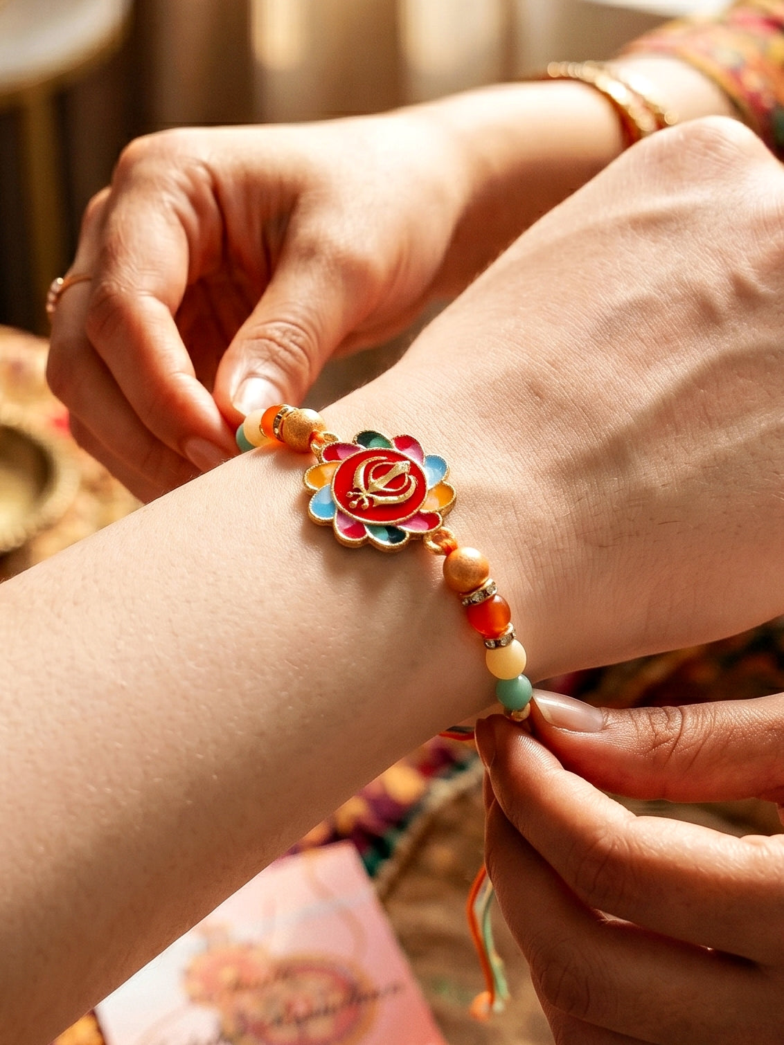 Khanda Sahib Punjabi Sikh Symbol Beaded Rakhi for Brother With Roli Chawal & Greeting Card (102-S5R1-JMD0215)