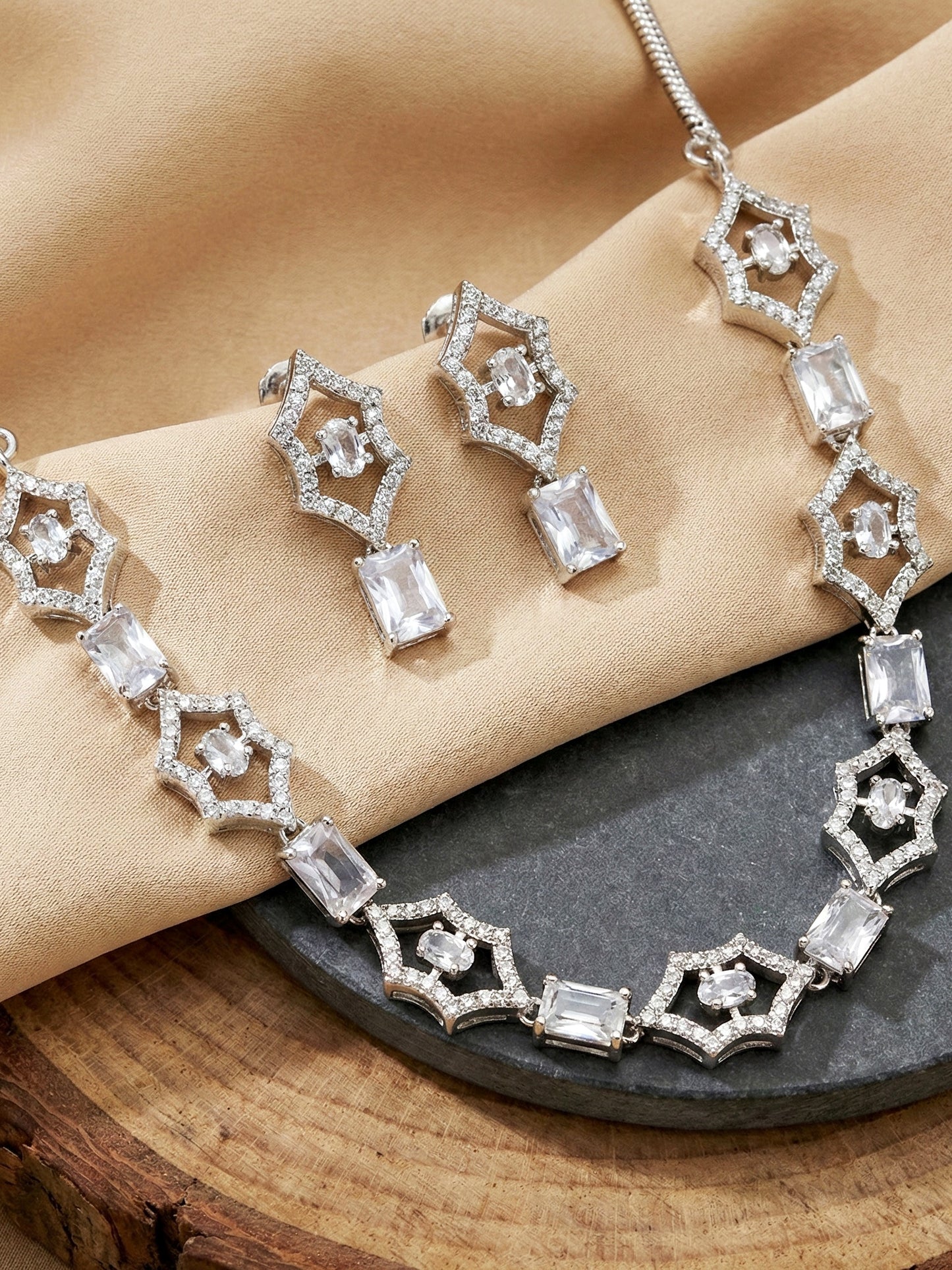 Silver-Tone White Stone & American Diamond Necklace Set with Earrings for Women – Office, Party & Function Wear (628-K4SA-2240-W-S)