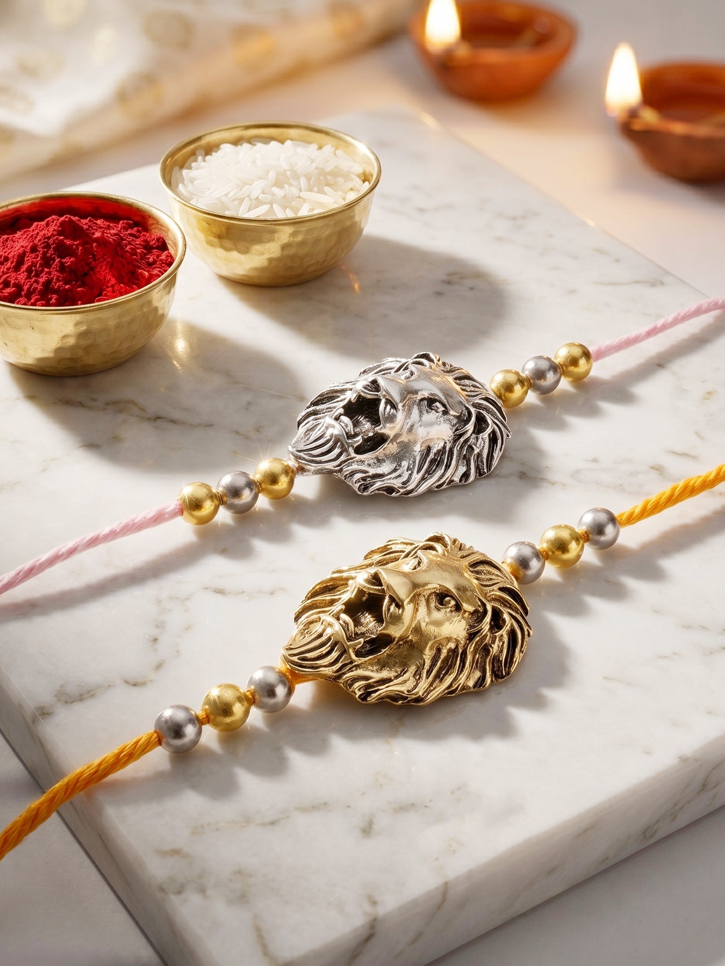Lion Face Rakhi Set of 2 for Brothers With Metallic Gold & Silver Charm with Beaded, Roli, Chawal (250-CHR1-1175-2-2026)