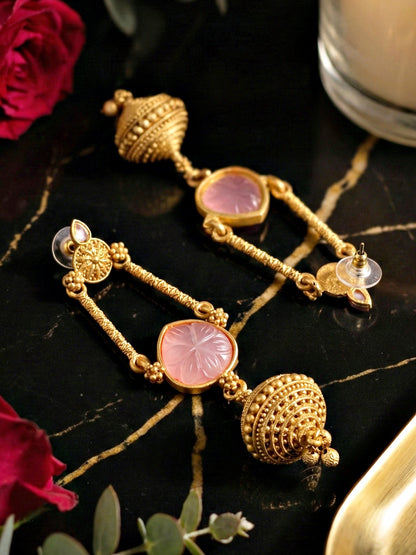 Oxidised Gold Pink Stone Long Dangler Earrings For Girls & Women (370-KEG-13541-PK)