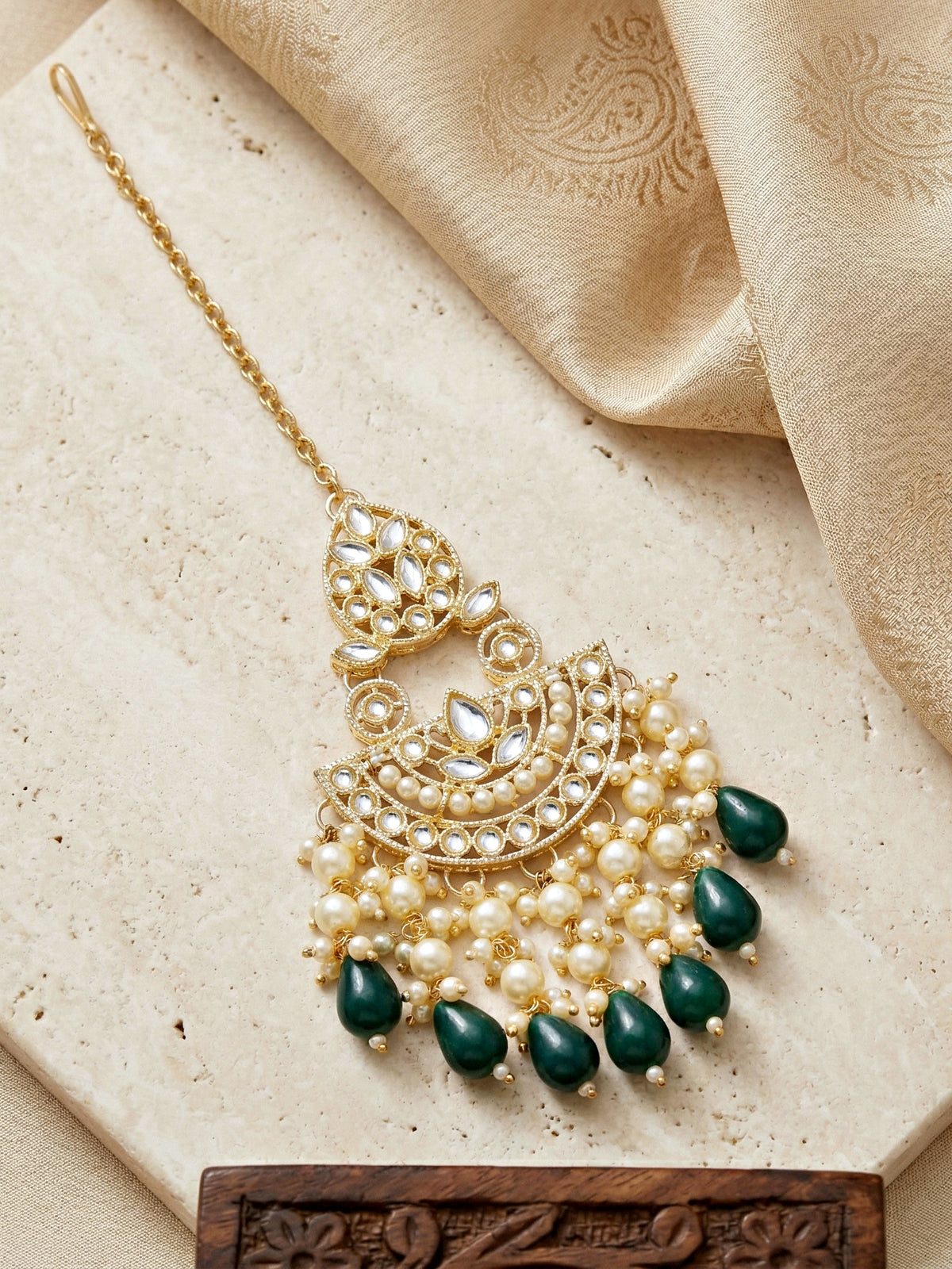 Gold Plated Kundan & Pearl Green Stone Bridal Choker Jewellery Set with Maang Tikka (1683-ISK-855-G)
