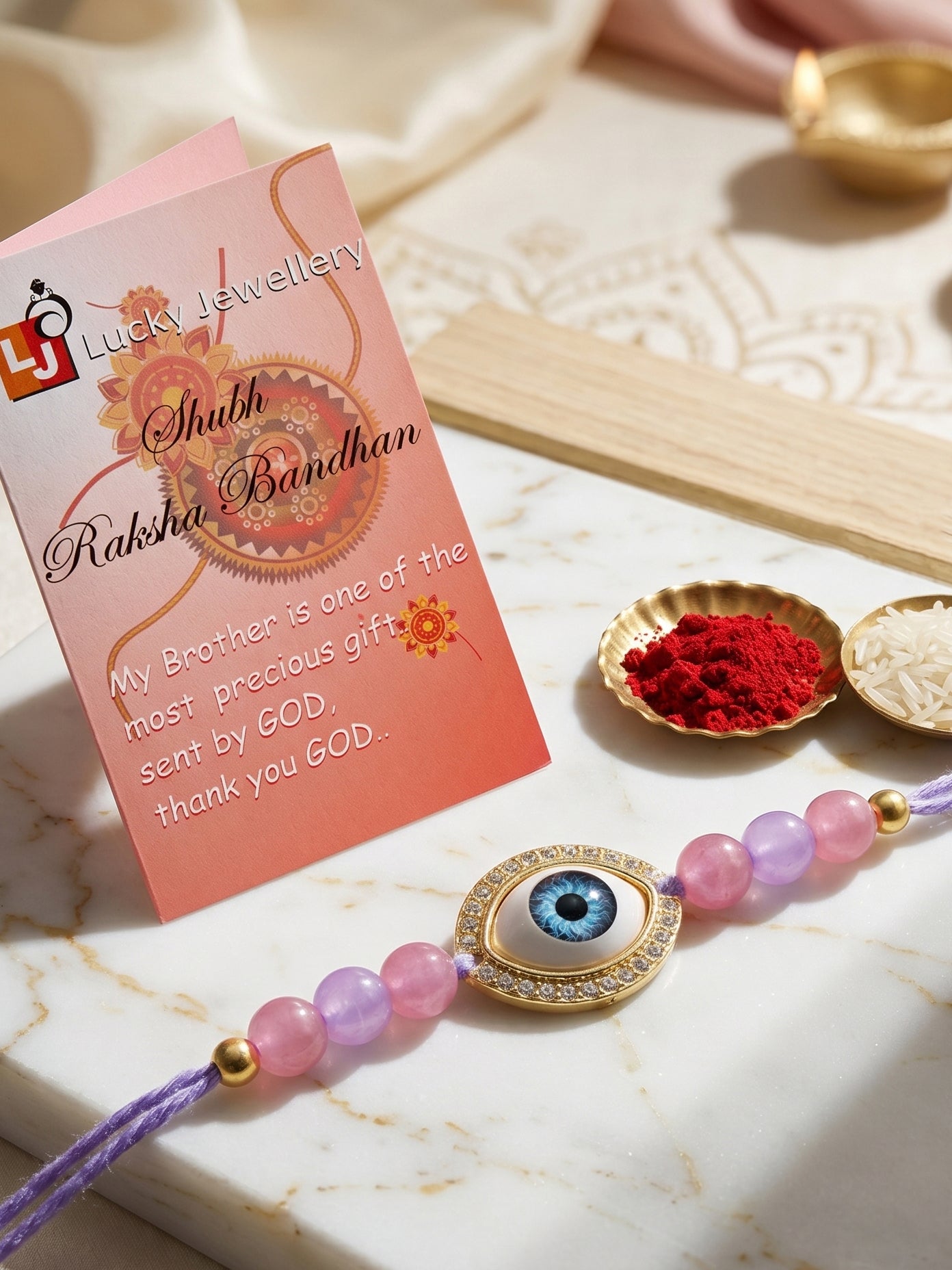 Evil Eye Rakhi for Brother. Protective Charm with Pastel Beads, Roli, Chawal & Card (265-CHR1-1191-P-1-2026)
